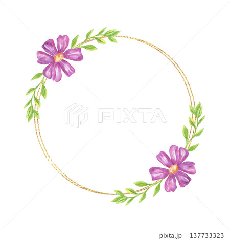 Watercolor wreath with purple flower and green leaf on golden circular border. Floral frame decorative element for wedding invitation, greeting card and botanical design composition. Watercolor wreath with purple flower and green leaf on golden circular border. Floral frame decorative element for wedding invitation, greeting card and botanical design composition. 137733323