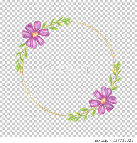 Watercolor wreath with purple flower and green leaf on golden circular border. Floral frame decorative element for wedding invitation, greeting card and botanical design composition. Watercolor wreath with purple flower and green leaf on golden circular border. Floral frame decorative element for wedding invitation, greeting card and botanical design composition. 137733323