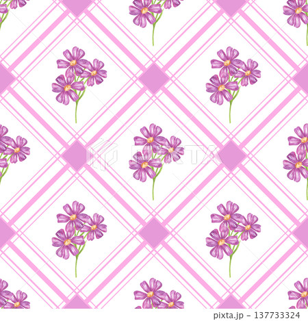 Seamless pattern with purple flowers on a pink plaid background. Watercolor illustration of flower bouquets for textile printing, wrapping paper design, wallpaper, and fabrics. Seamless pattern with purple flowers on a pink plaid background. Watercolor illustration of flower bouquets for textile printing, wrapping paper design, wallpaper, and fabrics. 137733324