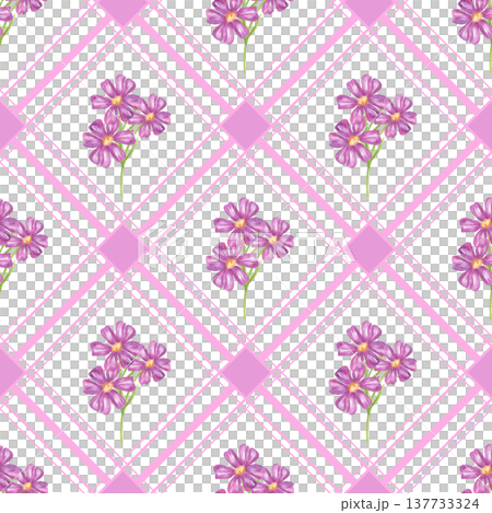 Seamless pattern with purple flowers on a pink plaid background. Watercolor illustration of flower bouquets for textile printing, wrapping paper design, wallpaper, and fabrics. Seamless pattern with purple flowers on a pink plaid background. Watercolor illustration of flower bouquets for textile printing, wrapping paper design, wallpaper, and fabrics. 137733324