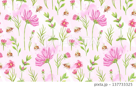 Watercolor seamless pattern with pink flowers, meadow grasses, and bees. Botanical print with floral elements for decor and wallpaper. Fresh summer print with a pink watercolor background. 137733325