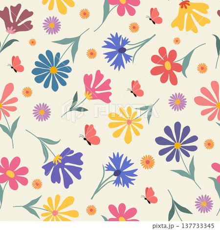 Floral spring seamless pattern with colored wildflowers and small butterflies 137733345