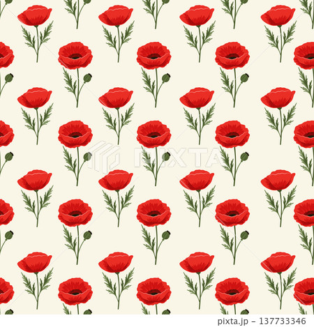 Seamless pattern of bright red poppy flowers with green stems on a light beige background Seamless pattern of bright red poppy flowers with green stems on a light beige background 137733346