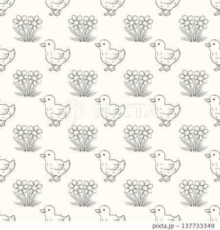 Seamless pattern with cute baby ducklings and small spring flowers hand drawn line art illustration Seamless pattern with cute baby ducklings and small spring flowers hand drawn line art illustration 137733349