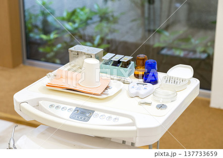 清潔感のある歯科医院の診察台と医療器具　中庭の緑が見える明るい診療室 137733659