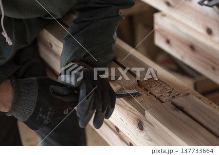 大工の職人技　建築現場でノミ（鑿）を使い木材を緻密に加工する手元 137733664