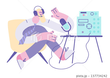 Smiling man talk on radio on microphone Smiling man talk on radio on microphone 137734242