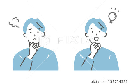 悩みとひらめきの若い男性のイラスト素材セット 悩みとひらめきの若い男性のイラスト素材セット 137734321