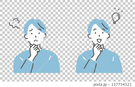 悩みとひらめきの若い男性のイラスト素材セット 悩みとひらめきの若い男性のイラスト素材セット 137734321