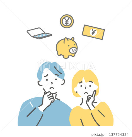 お金のことで悩み考える夫婦のイラスト 137734324