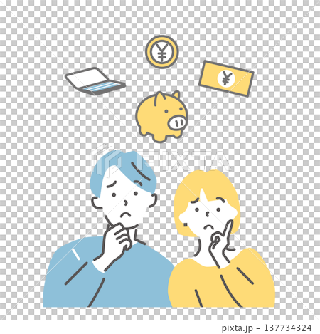 一幅描繪一對夫婦為錢煩惱的插圖。 137734324