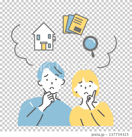 An illustration of a couple worrying and thinking about their housing plan. An illustration of a couple worrying and thinking about their housing plan. 137734325