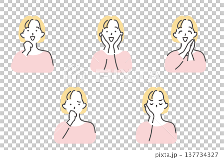 一組描繪女性情緒的插畫：喜悅、憤怒、悲傷、幸福、微笑、憤怒和痛苦。 137734327