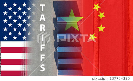 USA China Tariffs. Shipping containers on the background of the flags of the USA and China. Trade war and duties. Import tariffs USA China Tariffs. Shipping containers on the background of the flags of the USA and China. Trade war and duties. Import tariffs 137734350