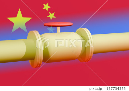 A gas pipe on the background of the Chinese flag, the concept of natural gas supplies to China. China pipeline valve 137734353