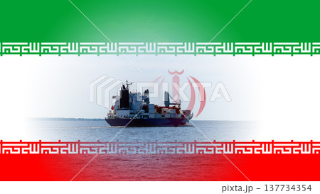 a container ship at sea against the background of the Iranian flag, a concept of logistics and global trade, Iranian cargo ship 137734354