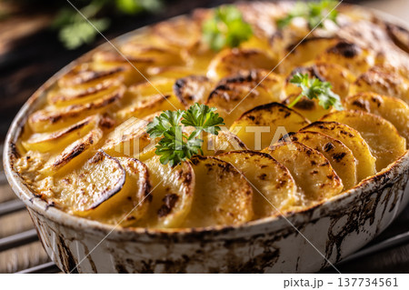 Golden-brown gratin potatoes, neatly arranged in a white ceramic bowl and garnished with fresh herbs. In Slovakia, however, this dish is known primarily at home as French potatoes 137734561
