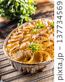 Golden-brown gratin potatoes, neatly arranged in a white ceramic bowl and garnished with fresh herbs. In Slovakia, however, this dish is known primarily at home as French potatoes 137734569