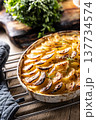 Golden-brown gratin potatoes, neatly arranged in a white ceramic bowl and garnished with fresh herbs. In Slovakia, however, this dish is known primarily at home as French potatoes 137734574
