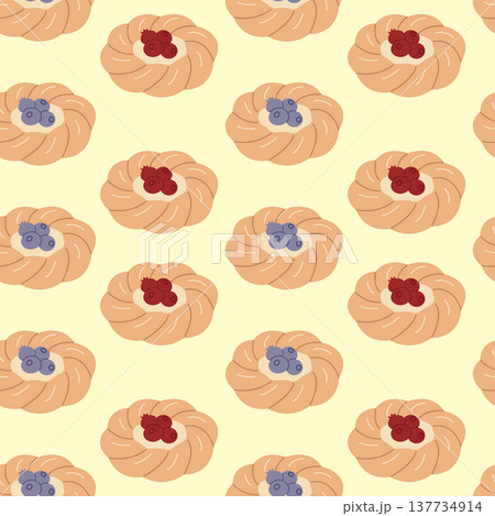 Sweet danish pastry with berries seamless pattern vector illustration. Sweet danish pastry with berries seamless pattern vector illustration. 137734914