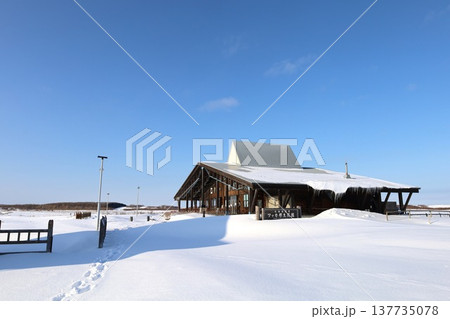 二月、極寒、冬の北海道、道東、晴天んおサロマ湖、湖畔、網走国定公園、ワッカ原生花園を訪れる女子旅 137735078