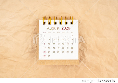 August 2026 mini desk calendar on old paper. August 2026 mini desk calendar on old paper. 137735413