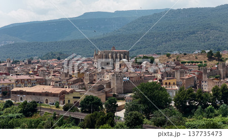 Montblanc medieval town panoramic view with Santa Maria church Montblanc medieval town panoramic view with Santa Maria church 137735473