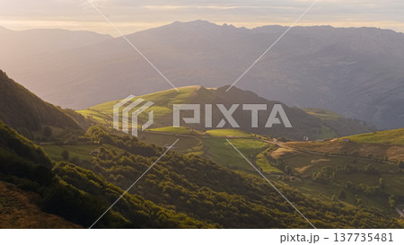 Cantabria valley landscape at sunset during golden hour 137735481