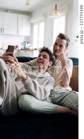 Gay couple relaxing on sofa making a video call 137735486