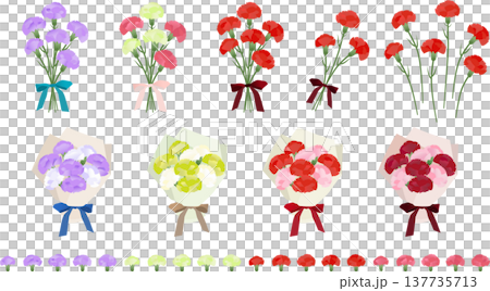Carnation bouquet, cute ribbon bouquet, Mother's Day illustration, gift icon set Carnation bouquet, cute ribbon bouquet, Mother's Day illustration, gift icon set 137735713