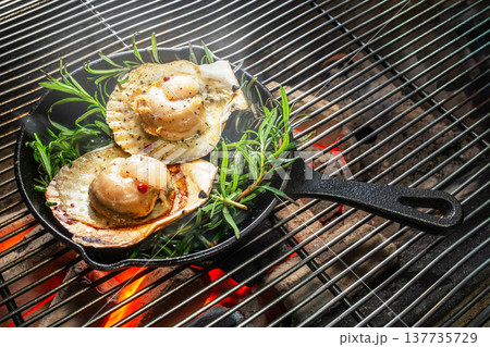 ホタテ貝のグリル Grilled scallops over charcoal outdoors ホタテ貝のグリル Grilled scallops over charcoal outdoors 137735729