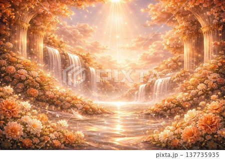 AI生成 花と滝に囲まれた幻想の谷 光に包まれるファンタジー風景背景素材 AI生成 花と滝に囲まれた幻想の谷 光に包まれるファンタジー風景背景素材 137735935