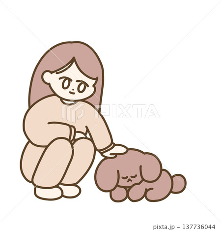 寝ている犬をなでる女性 137736044