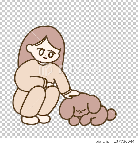寝ている犬をなでる女性 137736044