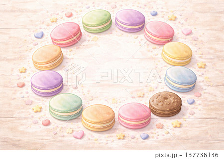 スイーツシリーズ：円形に並ぶマカロンの俯瞰構図 137736136