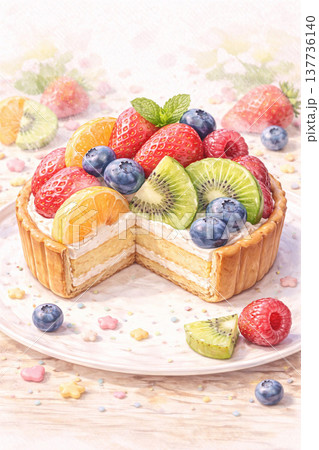 スイーツシリーズ：彩り豊かなフルーツタルトの断面のイラスト素材