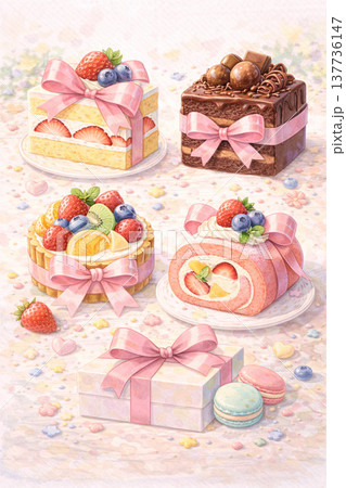 スイーツシリーズ：スイーツとリボンの可愛い装飾 137736147