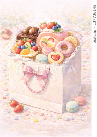スイーツシリーズ：袋から溢れ出すお菓子のギフト 137736148