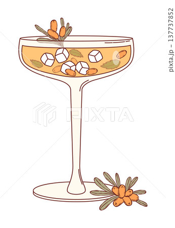 Sea Buckthorn Gourmet Cocktail in Coupe Glass. Elegant Alcohol Drink with Ice Cubes, Mint and Fresh Berry. Refreshing Cocktail. Isolated Vector Illustration. 137737852