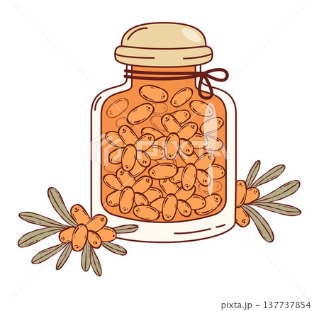 Homemade Small Jar of Sea Buckthorn Jam. Vector Illustration. Orange Delicious Vitamin Eco harvest Food. Storage Nutrition. Homemade Small Jar of Sea Buckthorn Jam. Vector Illustration. Orange Delicious Vitamin Eco harvest Food. Storage Nutrition. 137737854