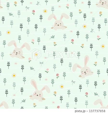 Cute bunnies with blooming flowers on spring garden seamless pattern Cute bunnies with blooming flowers on spring garden seamless pattern 137737858