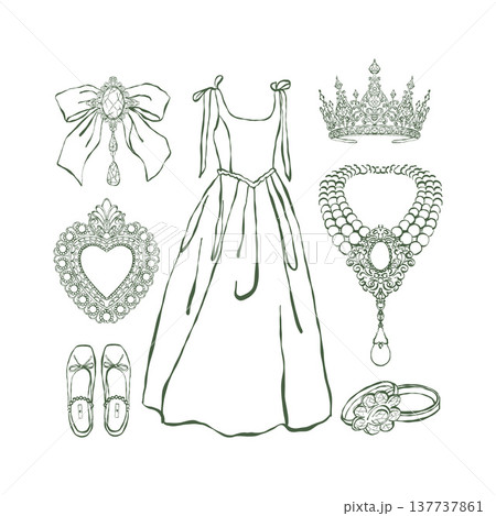 A set of vintage womens wedding accessories. Dress, shoes, bows, crown, necklace, ring, brooch. A collection of illustrations in the Rococo and Baroque styles. Historical womens costume. Vector A set of vintage womens wedding accessories. Dress, shoes, bows, crown, necklace, ring, brooch. A collection of illustrations in the Rococo and Baroque styles. Historical womens costume. Vector 137737861