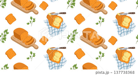 Seamless pattern with sliced bread loaf buttered toast and herbs Seamless pattern with sliced bread loaf buttered toast and herbs 137738368