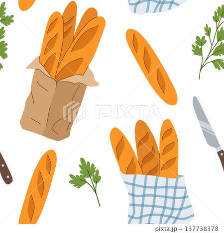 Bakery seamless pattern with baguettes herbs and knife Bakery seamless pattern with baguettes herbs and knife 137738378