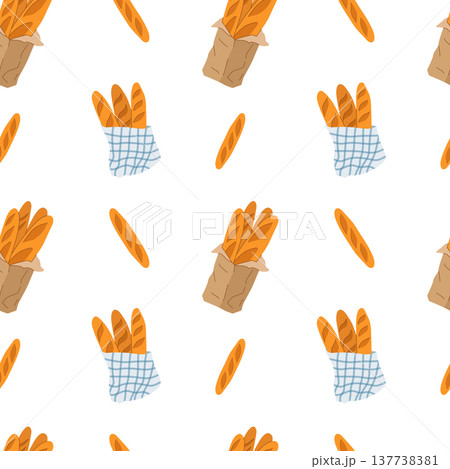 Seamless pattern with french baguettes in paper bags and cloth Seamless pattern with french baguettes in paper bags and cloth 137738381