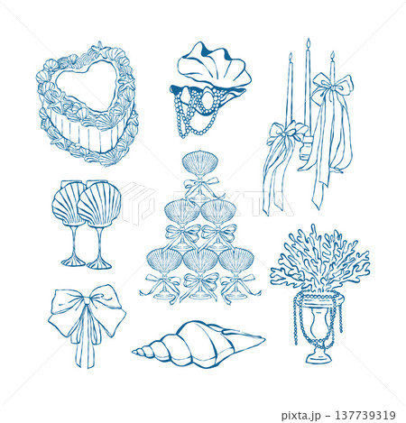 A set of summer vintage vector illustrations featuring coastal weddings, picnics, and parties. Whimsical nautical decor. Shells, cake, candles, bows, pearls, a tower of glasses. Outline clipart in 137739319