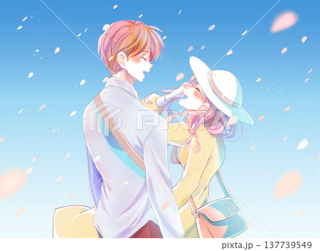 向かい合って幸せそうに笑う男女 外出 青空 向かい合って幸せそうに笑う男女 外出 青空 137739549