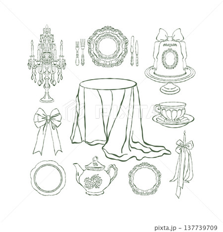 A set of clipart for a vintage romantic dinner. Table with a tablecloth, teapot, tea set, akecandles, vintage cutlery, candelabra. Hand-drawn doodle style. Vector outline illustration in green. 137739709