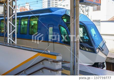 Osaka, Japan - Sep 26 2024, view of the driver's cabin of an intercity electric train standing on the railway platform, with living buildings on background, without people, at daytime, Osaka, Japan 137739777