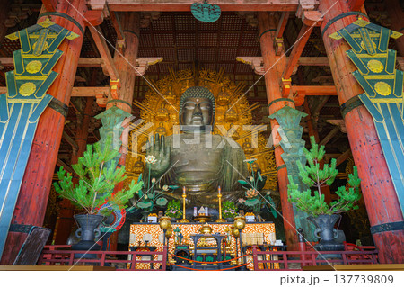 Nara, Japan - Sep 26 2024, a panoramic view of giant bronze statue of Sitting Buddha Vairochana in the hall of Todaiji Temple, at daytime, without people, Nara, Japan 137739809